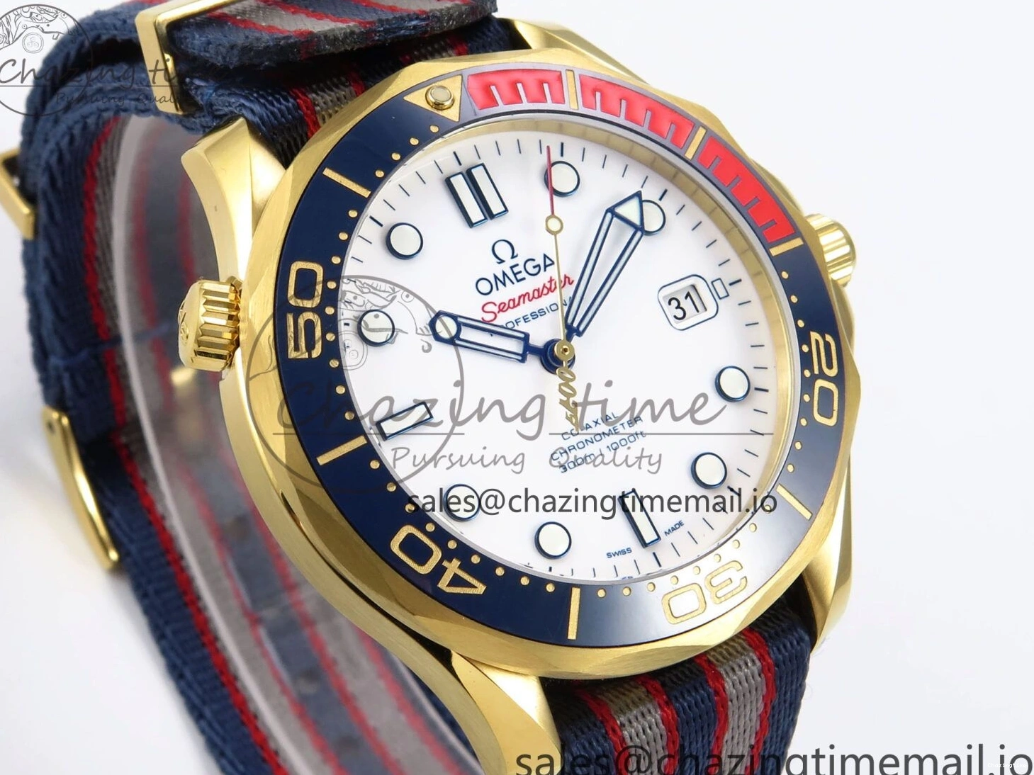 0408 Seamaster 300m Diver YG OMF 1:1 Best Edition Blue Orange Ceramic White Dial on Blue Nato Strap A Colorful 7704